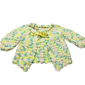 Vintage Handmade Colorful Crochet Knit Kids Jacket Fits Sizes 2+ Adjustable Bow